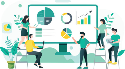 Flat illustration of diverse analysts collaborating and studying a pie chart representing data analysis business strategy and teamwork in a modern office setting