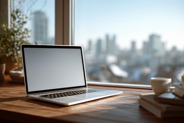Laptop on high table near window with city view blank screen mockup in natural light