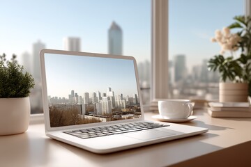 Laptop on high table near window with city view blank screen mockup in natural light