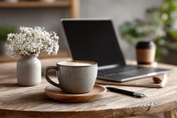 Laptop with blank screen on round table with stylus and coffee cup creative workspace setup