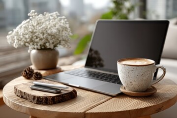 Laptop with blank screen on round table with stylus and coffee cup creative workspace setup