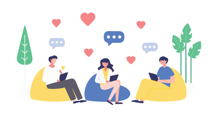 Diverse group of friends relaxing and socializing together while sitting on comfortable beanbag chairs in a casual indoor setting perfect for lifestyle and leisure themes