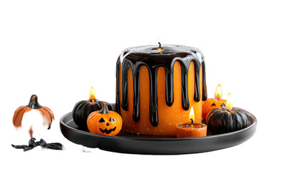 Halloween themed orange candle with black melting wax surrounded by small pumpkin candles creating spooky festive decoration isolated on white background