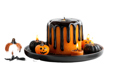 Halloween themed orange candle with black melting wax surrounded by small pumpkin candles creating spooky festive decoration isolated on white background
