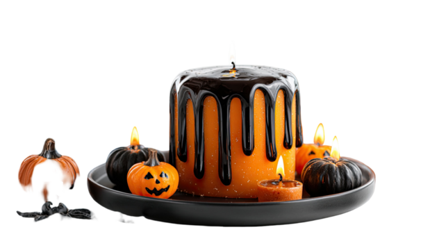 Halloween themed orange candle with black melting wax surrounded by small pumpkin candles creating spooky festive decoration isolated on white background