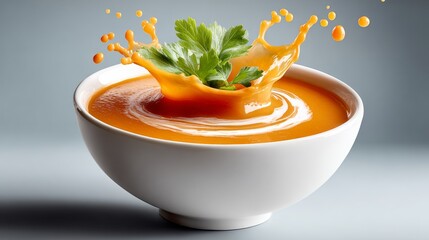 A white bowl filled with a bright orange soup, topped with a generous amount of green parsley. The soup appears to be a hearty vegetable soup, with the parsley adding a pop of color