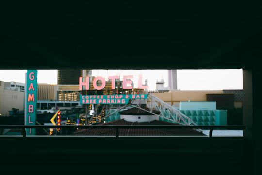 Neon lights of a Las Vegas hotel and casino street