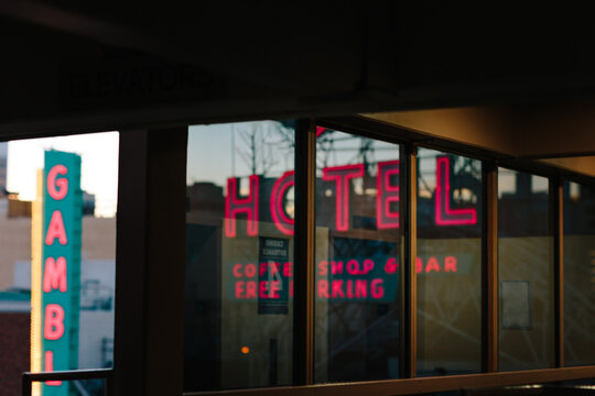 Neon lights of a Las Vegas motel reflecting nightlife