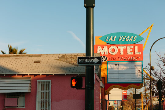 Retro Las Vegas motel sign under blue sky