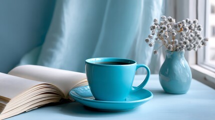 A blue coffee cup sits on a saucer next to a book. The cup is filled with coffee and the book is open to a page. Concept of relaxation and leisure