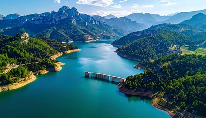 Aerial view of a reservoir with a dam, surrounded by forests and mountains under a clear blue sky