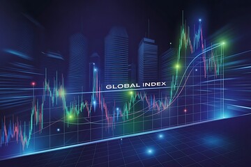 Futuristic digital illustration of a stock market graph with city skyline background financial graph