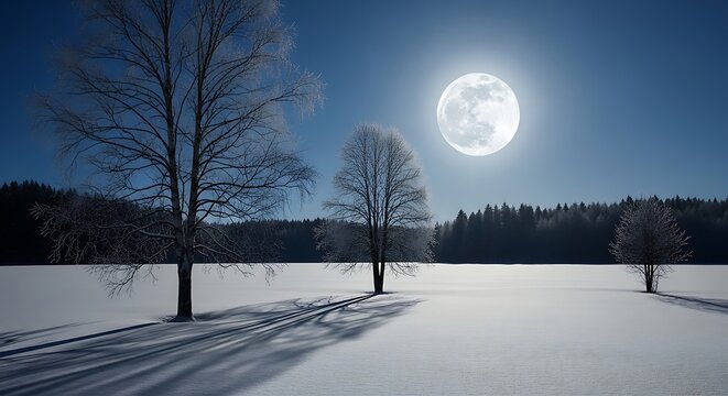 Full moon over snow covered field with frost covered trees