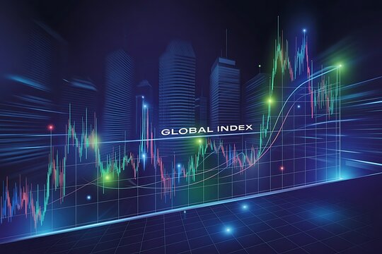 Futuristic digital illustration of a stock market graph with city skyline background financial graph