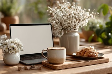 Laptop on dining table next to breakfast tray casual morning scene with blank screen for mockup