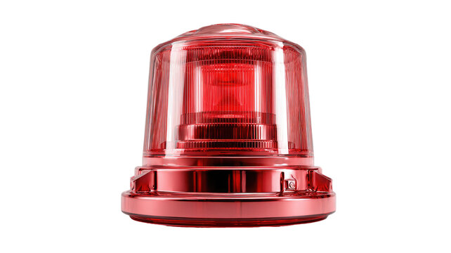 High clarity red emergency warning beacon with reflective transparent housing and strong alert signal details isolated on white background