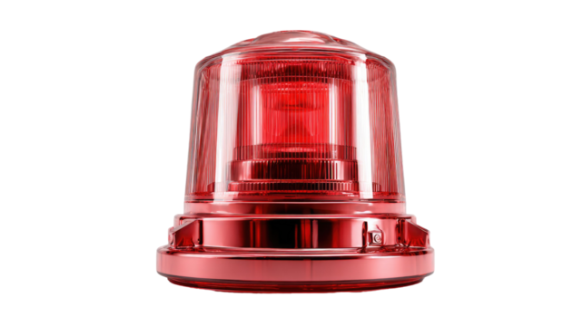 High clarity red emergency warning beacon with reflective transparent housing and strong alert signal details isolated on white background