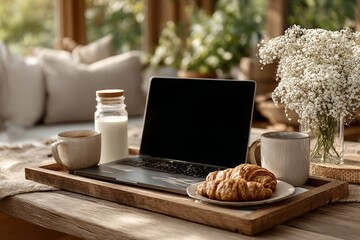 Laptop on dining table next to breakfast tray casual morning scene with blank screen for mockup