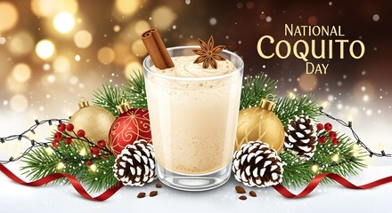 The image features a festive holiday scene centered around a creamy glass of coquito, a traditional Puerto Rican coconut-based holiday drink. The glass is topped with a swirl of froth, a cinnamon stic