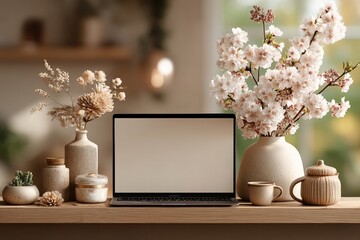 Laptop on a minimalist shelf with blank screen surrounded by decorative items and soft lighting