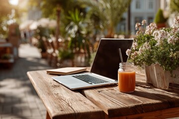 Laptop with blank screen on outdoor cafe table with juice and notebook sunny day urban freelancer style