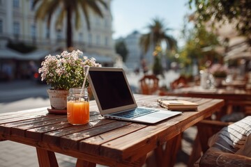 Laptop with blank screen on outdoor cafe table with juice and notebook sunny day urban freelancer style
