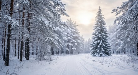 Obraz premium Tranquil Snowy Forest Path Illuminated by Soft Sunlight
