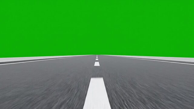 Perspective view of an empty asphalt road with green screen background, leading forward