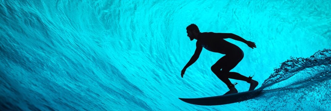 Surfer silhouette riding glowing blue wave in bioluminescent sea.