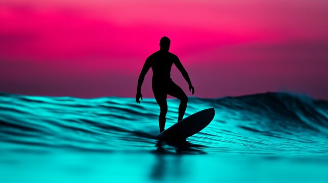 Surfer silhouette riding glowing blue wave in bioluminescent sea.