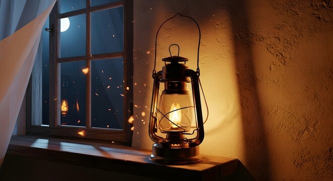 A vintage lantern placed on a windowsill illuminates a cozy interior with a view of the night sky and a full moon outside the window