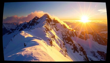 A breathtaking sunrise illuminates a vast, snow-covered mountain range, casting long shadows and creating a dramatic, golden glow across the peaks.