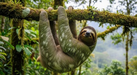 Naklejka premium Sloth hanging from a tree branch in a lush green rainforest environment.