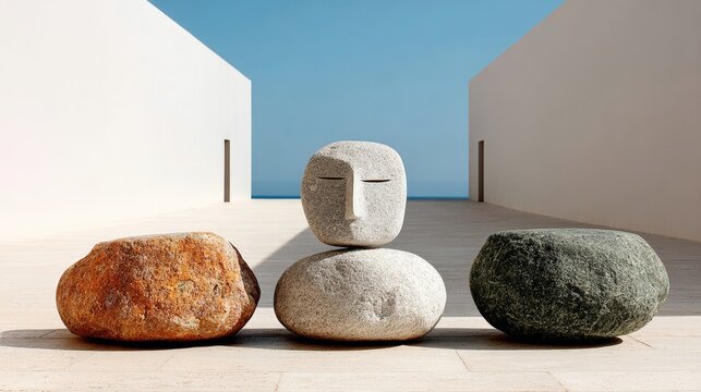 Three stone sculptures of faces are arranged in a row on a stone floor. The sculptures are of different sizes and colors, with one being larger and more prominent than the others