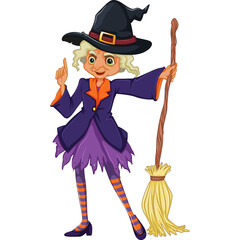 Whimsical Cartoon Witch Character With Broomstick And Pointing Finger Wearing Pointed Hat And Striped Stockings