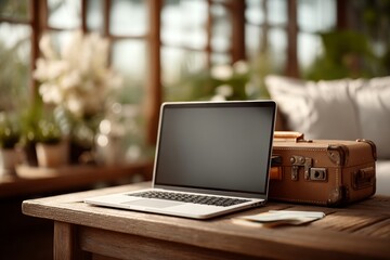 Laptop on airport lounge table with suitcase and boarding pass blank screen for travel booking ui