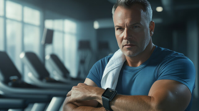 Fit Middle-Aged Man Resting After Workout in Gym
