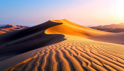 Vast desert landscape with rolling sand dunes, illuminated by the warm glow of a setting sun.