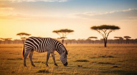 Obraz premium Zebra Grazing in African Savanna at Sunset with Acacia Trees.