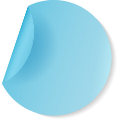 A light blue circular sticker peeling away from a white surface with soft shadow and subtle gradient effect creating a dynamic visual element