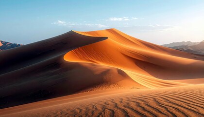 Expansive desert landscape featuring large, sculpted sand dunes bathed in warm sunlight, with subtle ripples on the sand.