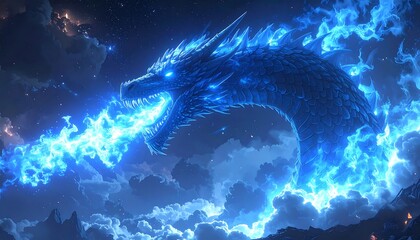 Azure dragon breathes cerulean fire against a dark, cloudy sky, rendered in a digital painting style