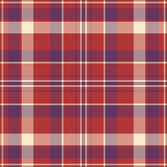 Fashioned texture textile pattern, editable check tartan seamless. Store plaid fabric background vector in red and magenta colors.