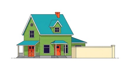 Illustration of green house with blue roof for real estate and architectural concepts design