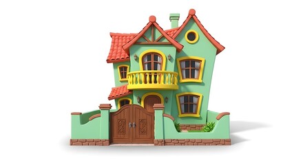 Cartoon house illustration with red roof, green walls, and brown gate for kids and animation art