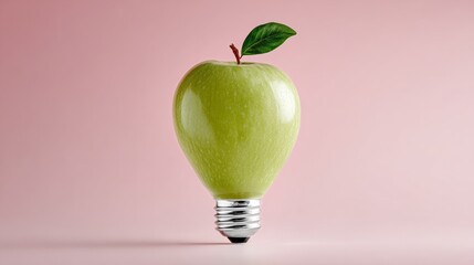 Green apple is sitting on top of a light bulb. The apple is surrounded by a pink background. Concept of creativity and innovation, as the apple is transformed into a light bulb