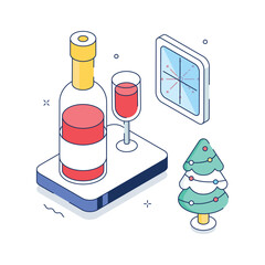 Festive wine and glasses setup for Christmas celebration, isometric illustration