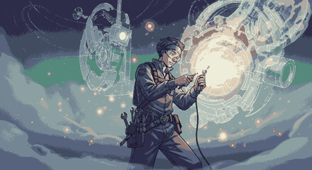 A focused male inventor with glasses working on a brilliant glowing spherical invention.