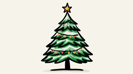 Fototapeta premium Cartoon Christmas tree with a star on top. The tree is lit up with lights and the star is shining brightly