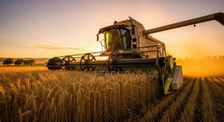 Fototapeta premium Harvesting Wheat Field at Sunset - Agricultural Machinery in Action.